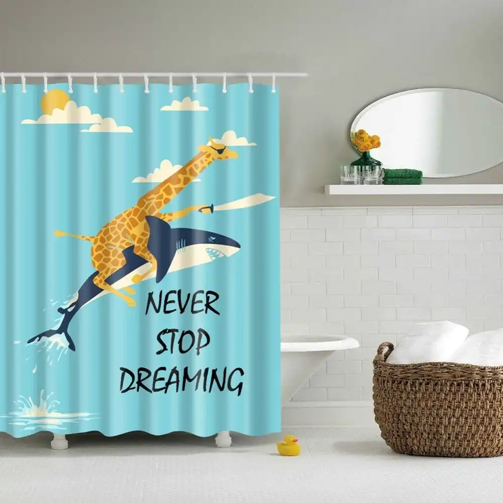 Mildew Resistant Water Repellent Anti bacterial Giraffe Riding Shark Creative Shower Curtains