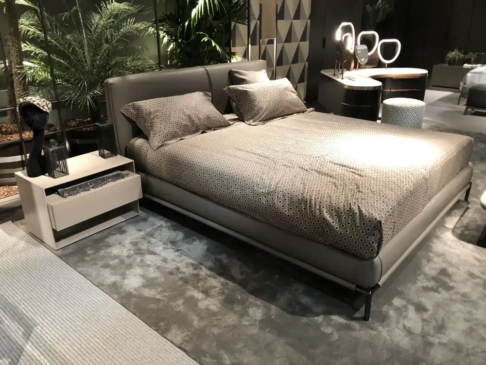 Moden bed frame with gray leather