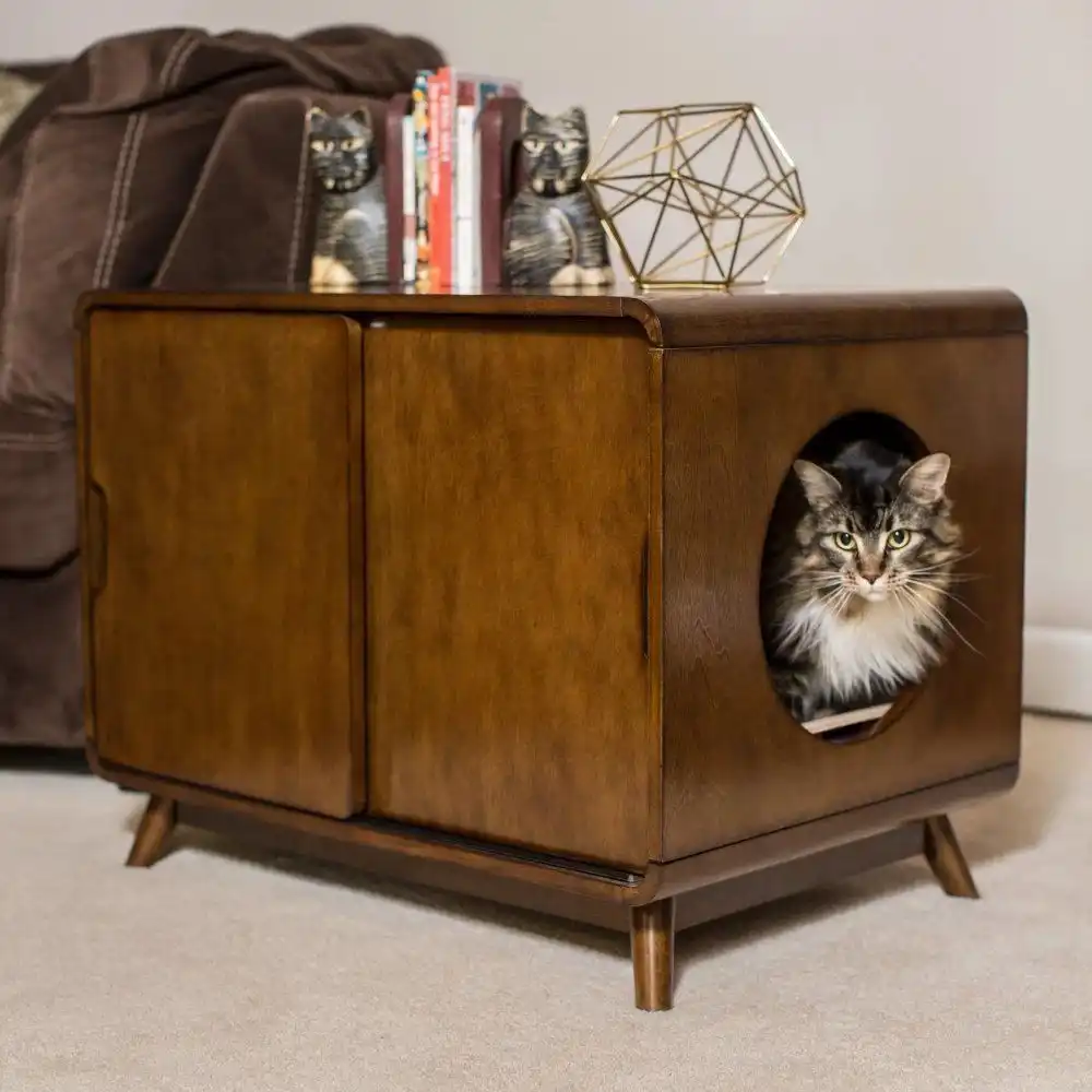 Modern Cat Litter Box With Two Sliding Doors And Walnut Finish