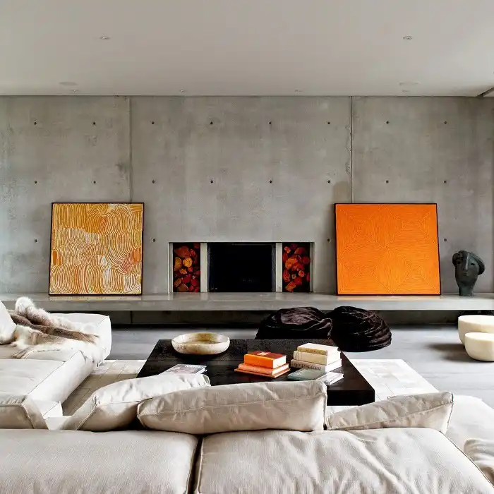 Modern and contemporary living room decorated with framed arts