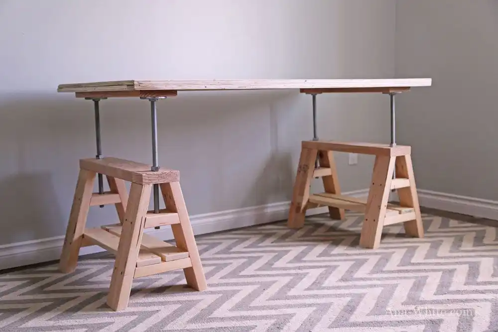 Modern industrial standing sawhorse desk