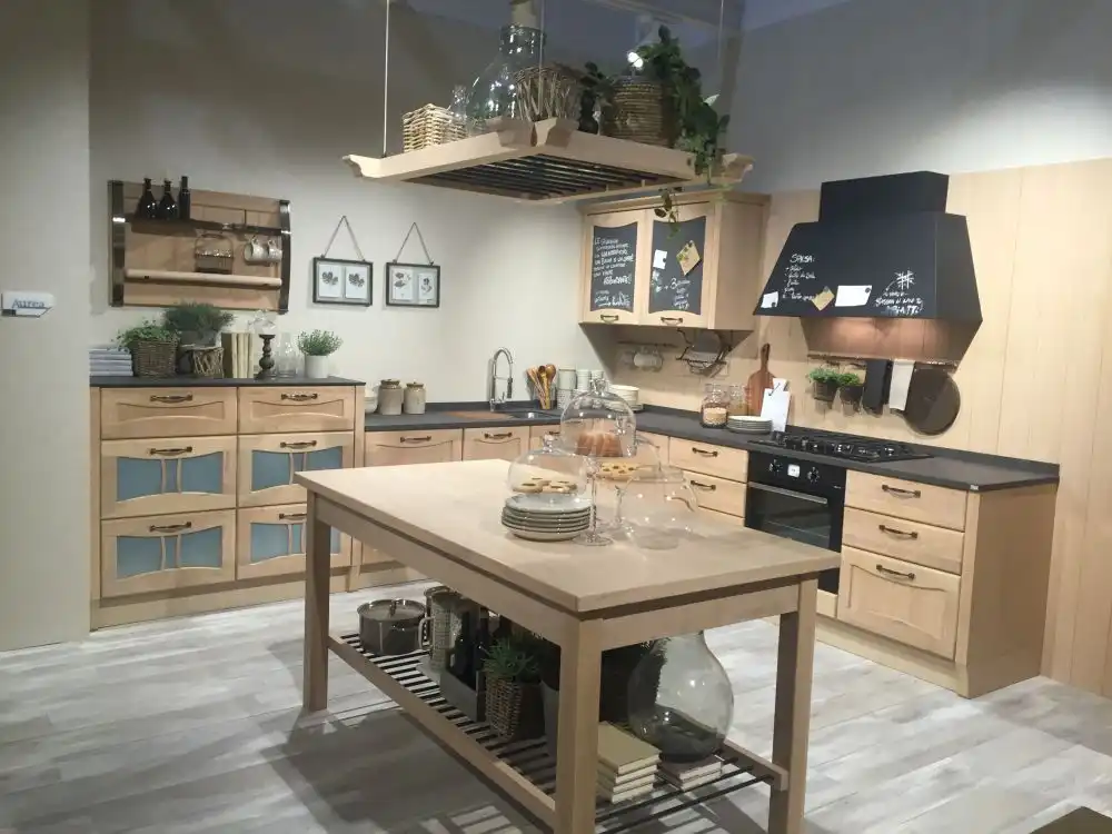 Modern kitchen design with hanging storage above island