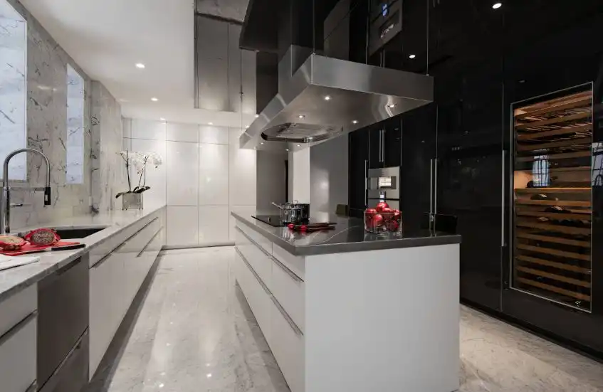 Modern kitchen design with marble walls and floor