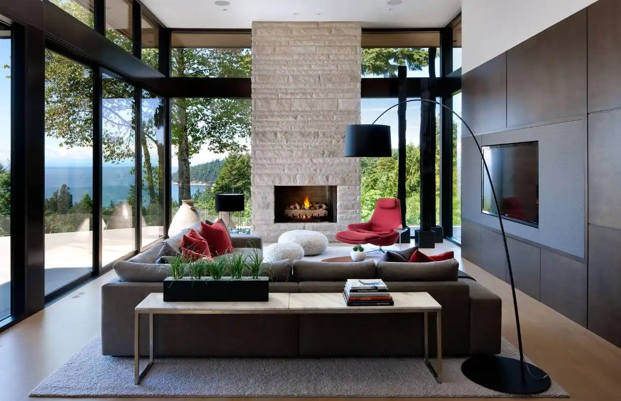 Modern living room with low marble top behind sofa table