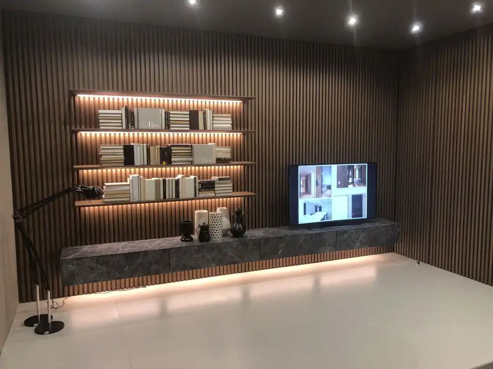 Modern wall living room design with floating shelves and LED light