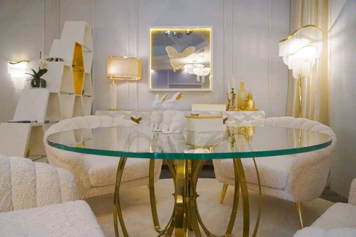 Monochromatic interior design with opulent gold