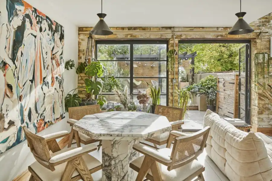 Neutral boho renovation in London dining room