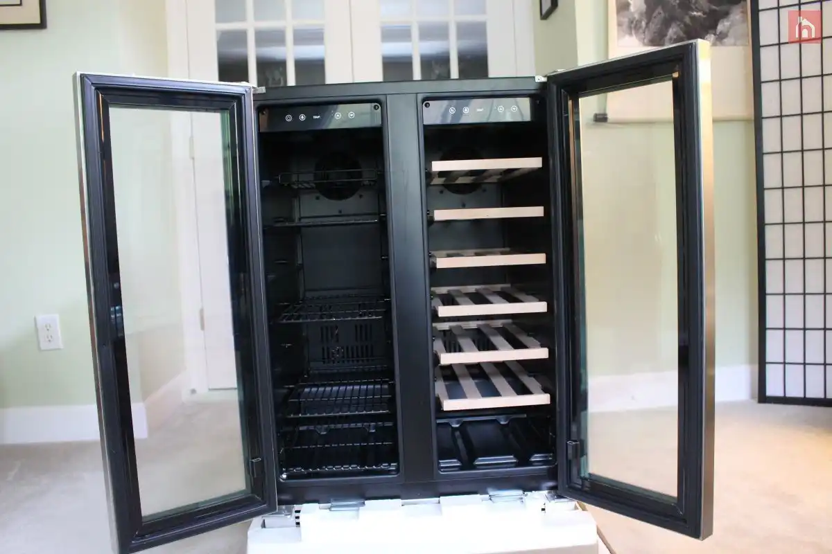 NewAir 24” Premium Built in Dual Zone 18 Bottle and 58 Can French Door Wine and Beverage Fridge doors