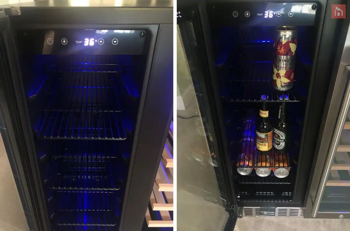 NewAir 24” Premium Built in Dual Zone 18 Bottle and 58 Can French Door Wine and Beverage Fridge full