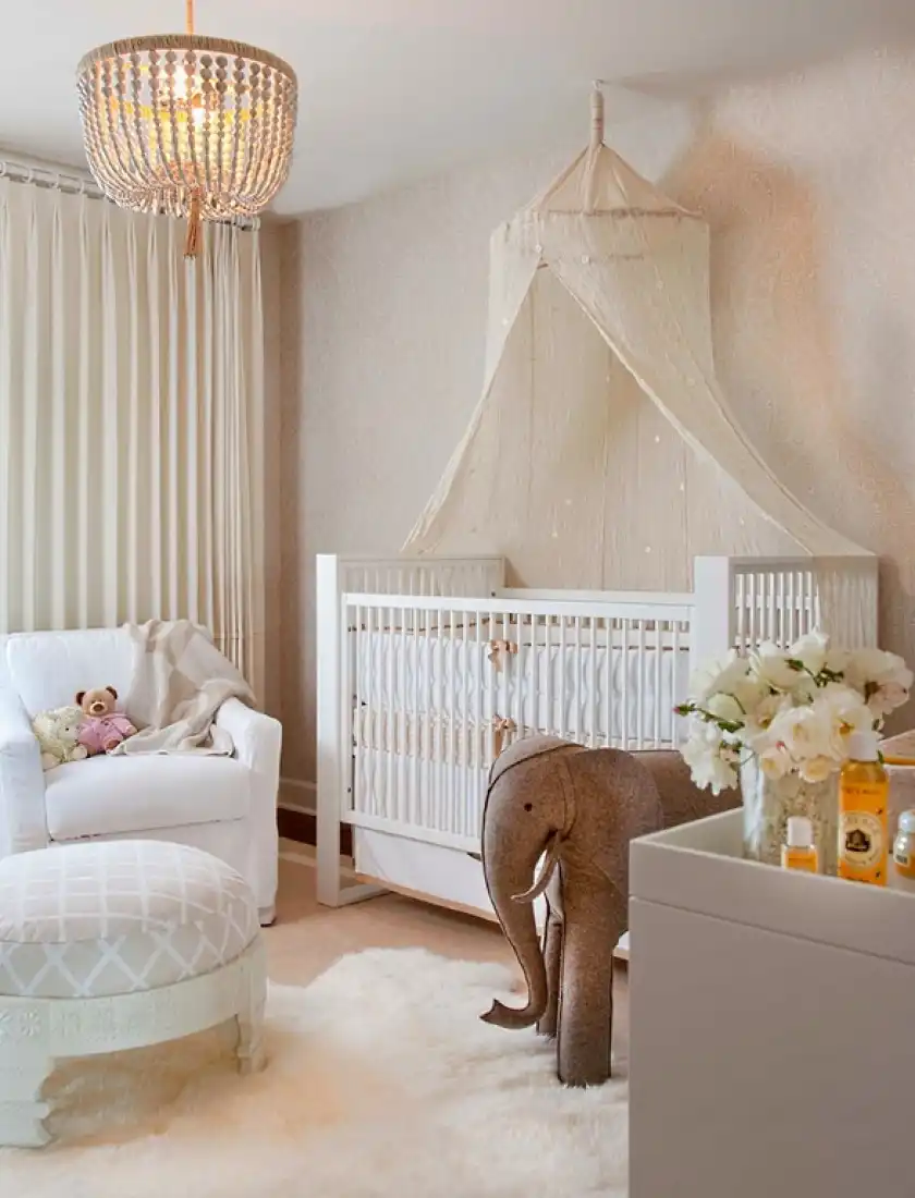 Nursery room with beaded chandelier