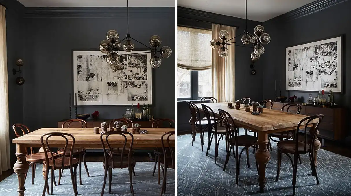 Old and new dining room design with wall art and glass blown chandelier