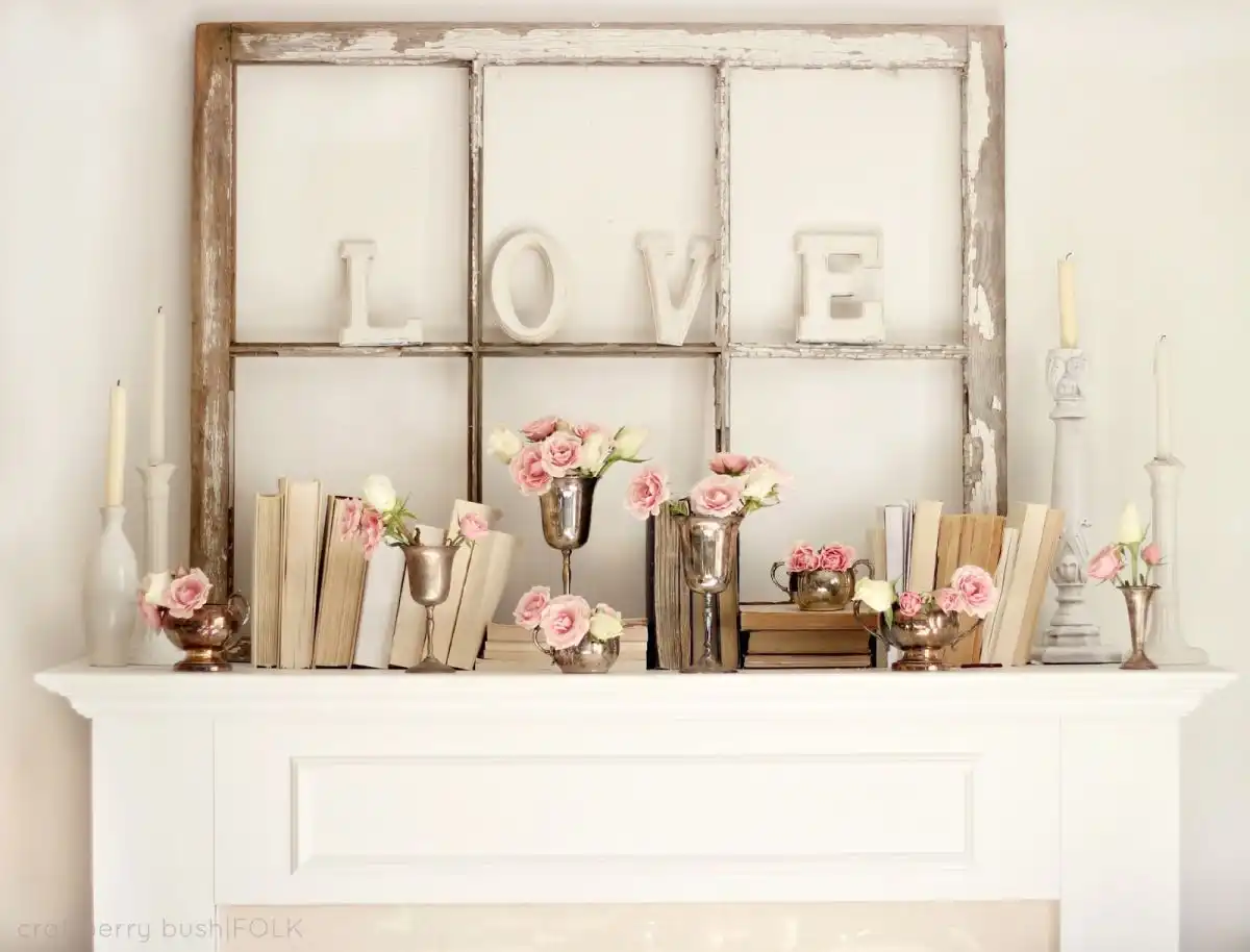 Old window frame love sign mantel
