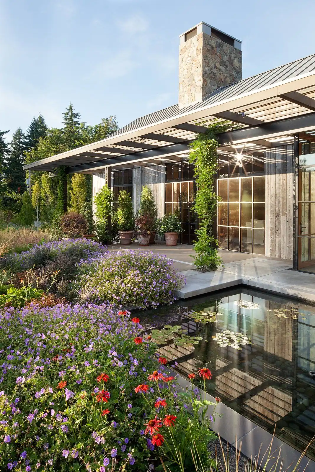 A water feature amid the gardens adds to the beauty.