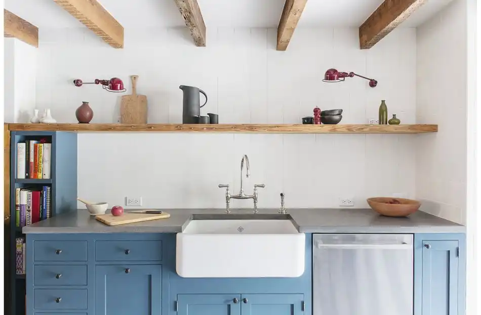 Open shelves blue cupboards