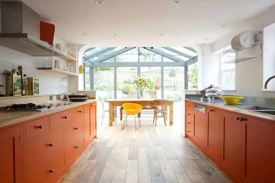 Orange kitchen lower cabinets color