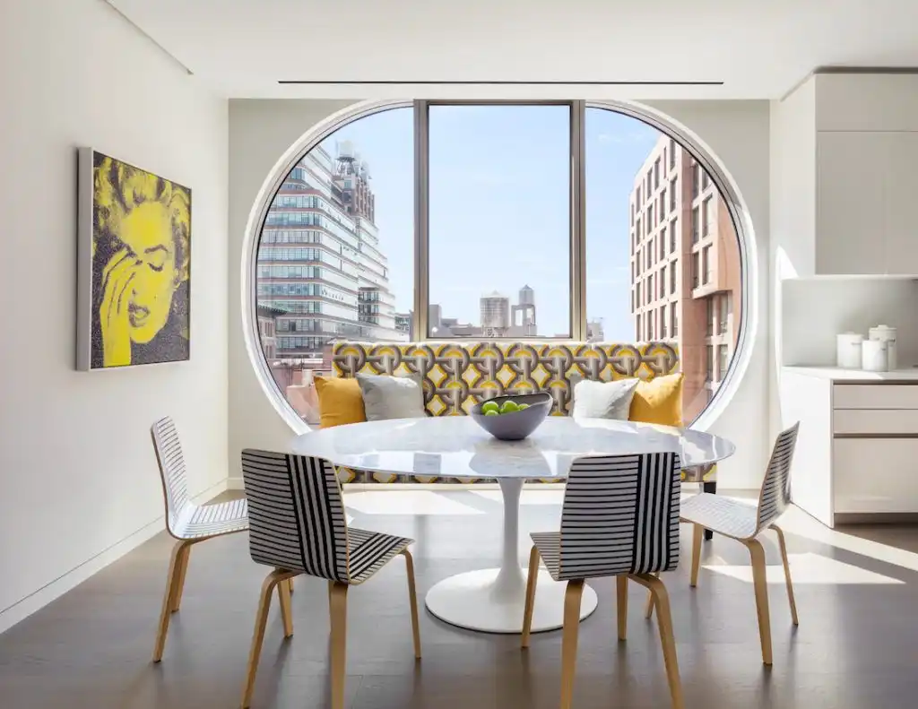 Curves become the focus with this window seat construction.
