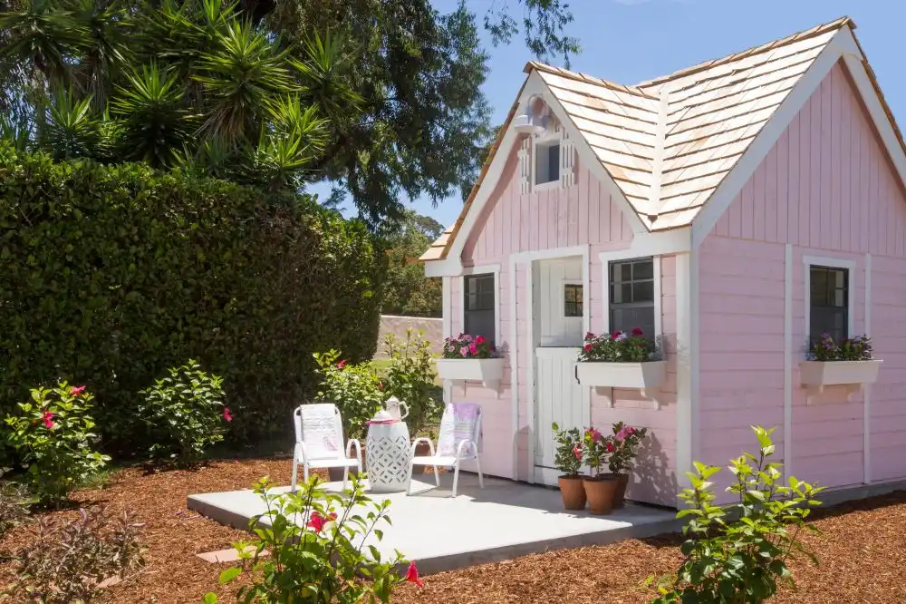 Pastel pink tiny house exterior
