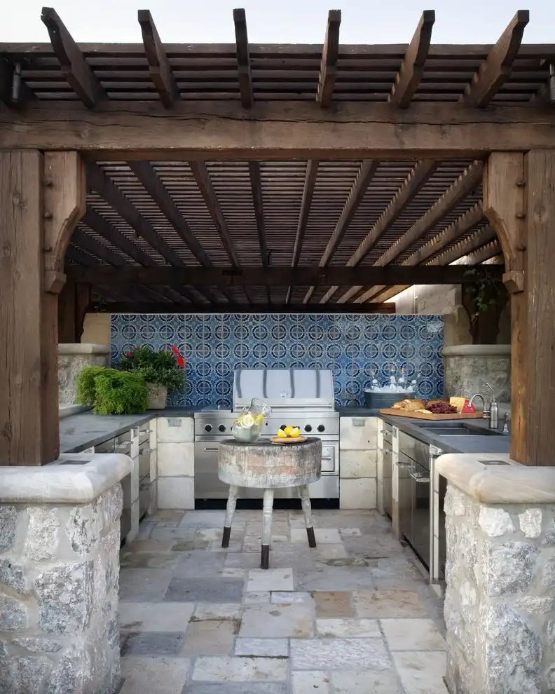 Outdoor kitchen with a roof and walls