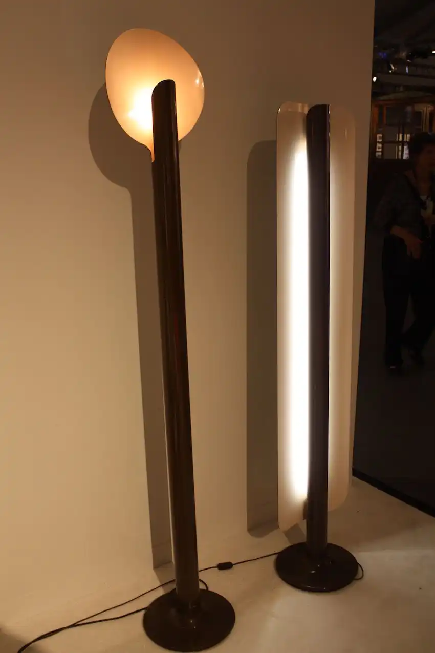 Pierre Paulin's rare "Elysée" lamp (left) is made of brown lacquered metal and was created in 1972. The French designer's world are handled by Galerie Philippe Jousse in Paris.