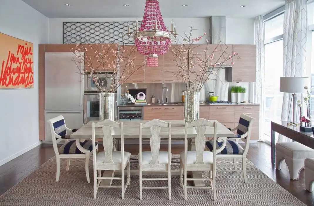 Pink chandelier open space kitchen