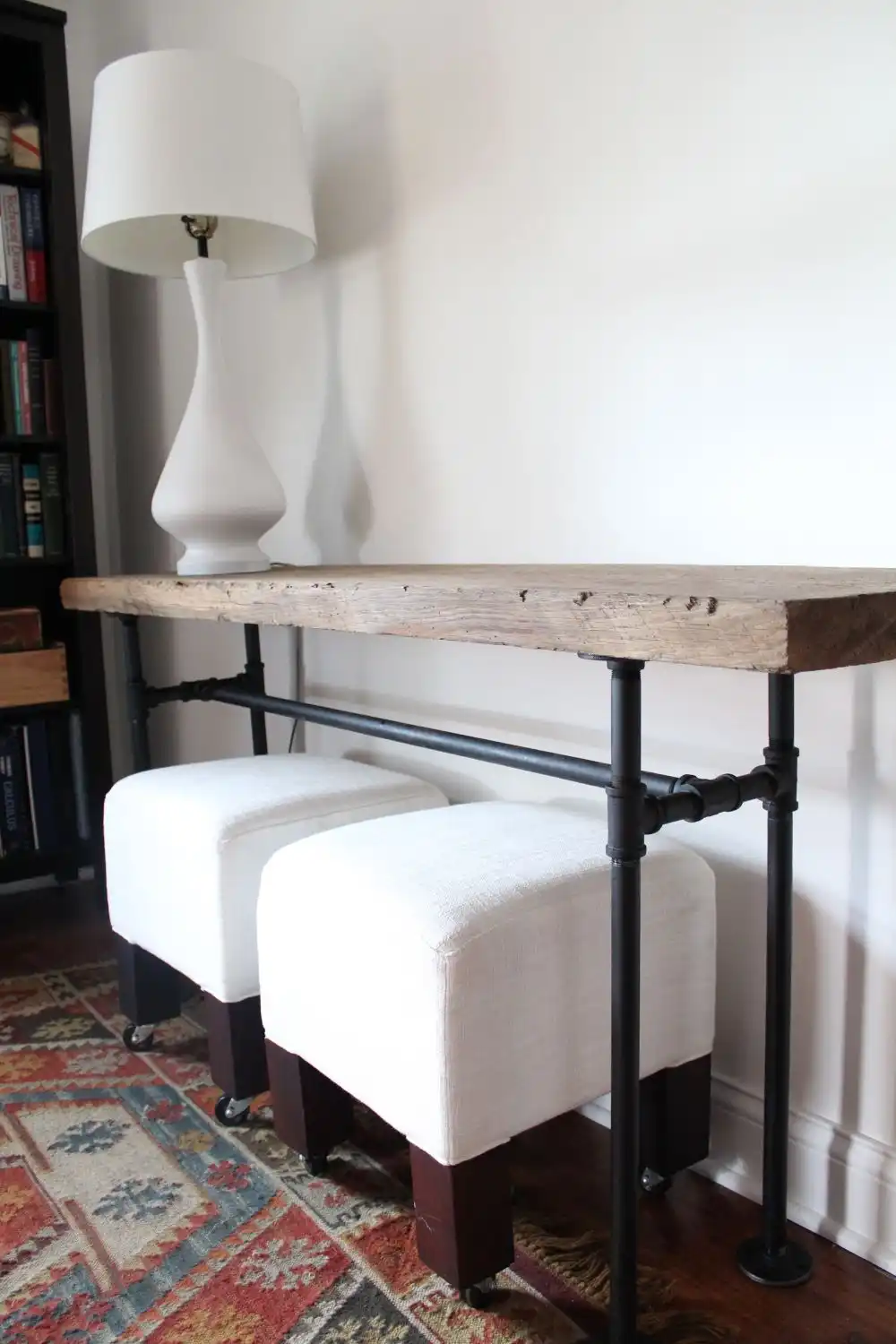 Reclaimed wood and pipes for entryway table