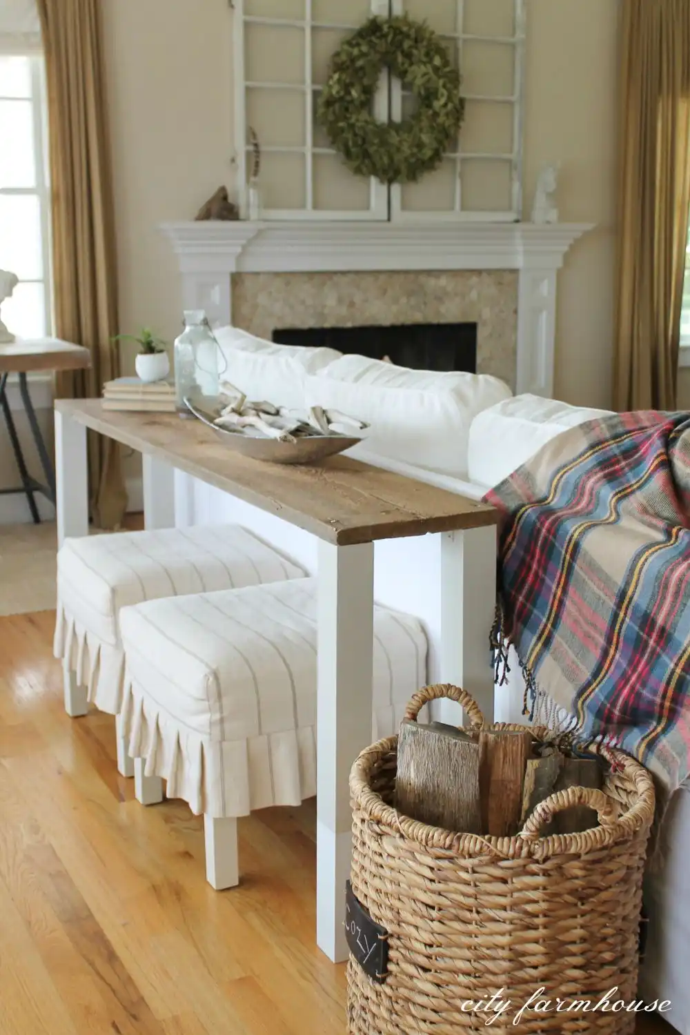 Reclaimed wood behind sofa table