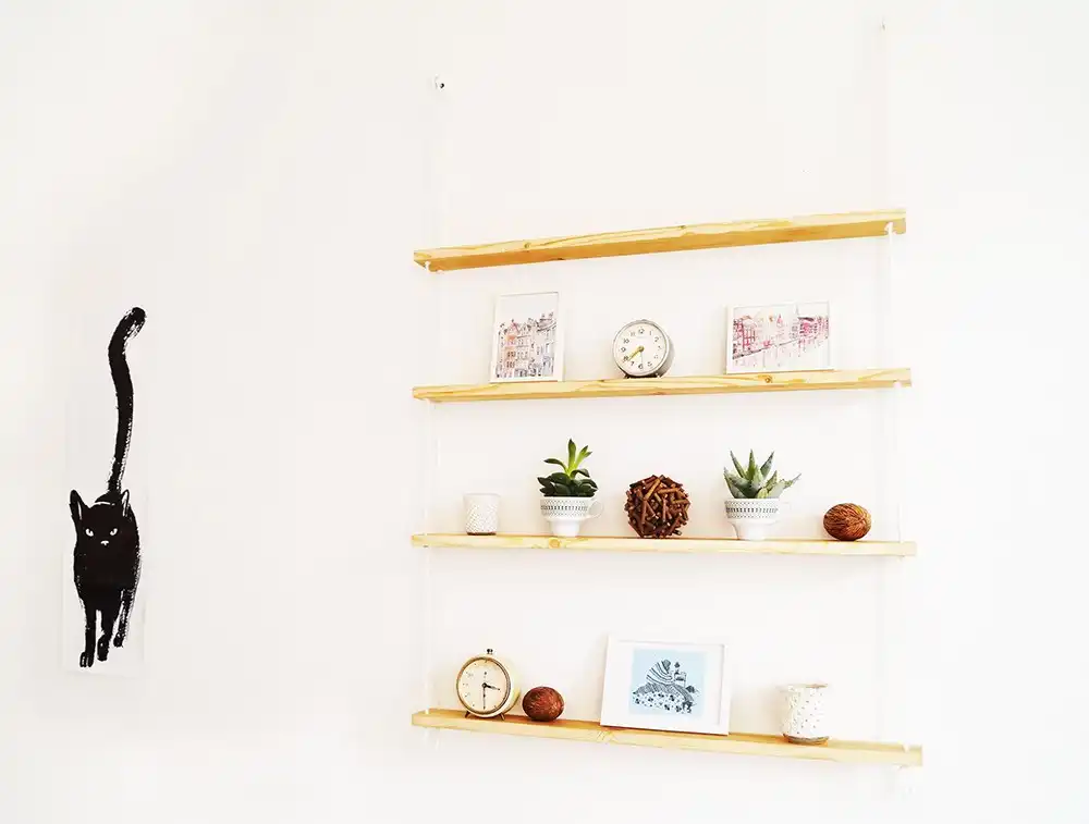 Rope hanging wall shelf