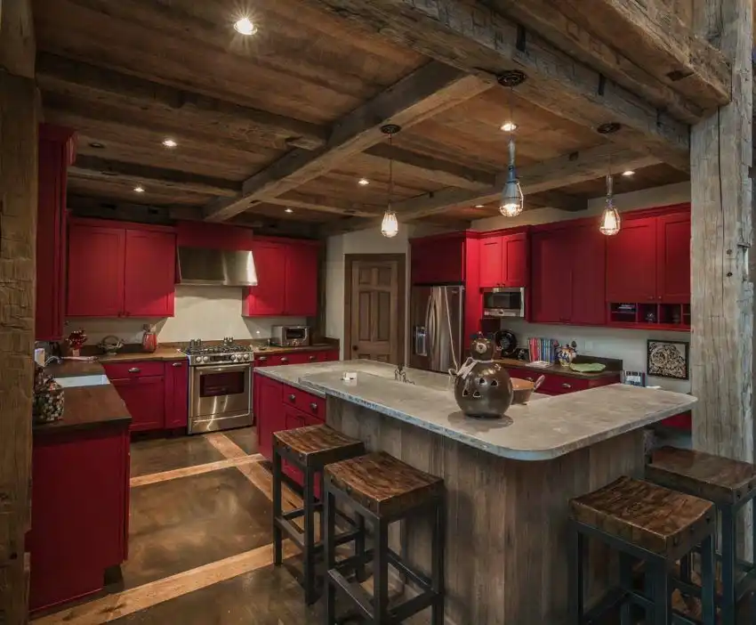 Rustic barn house kitchen with red cabinets