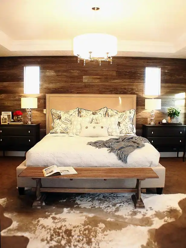 Rustic bedroom with cowhide rug