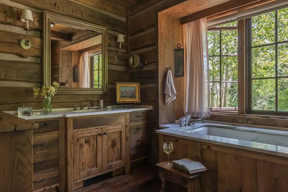 The rustic master bathroom is minimal in decor.