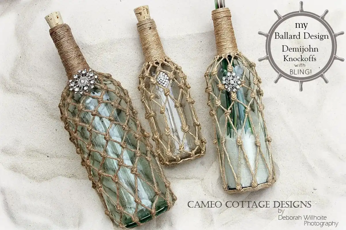 Rustic wine bottle decorations using rope