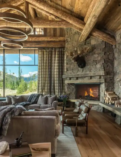 Rustic stacked stone corner fireplace