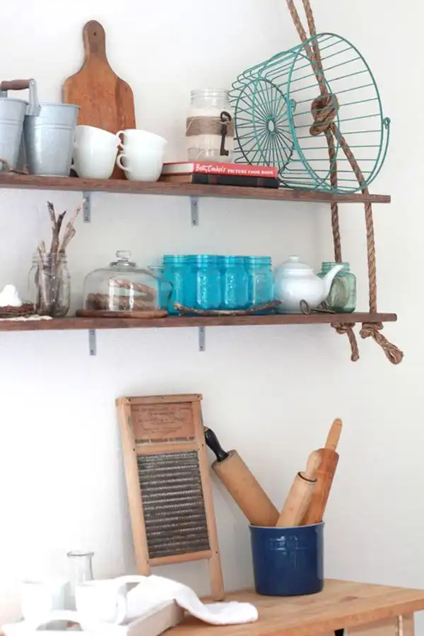 Rustic wood and rope shelves