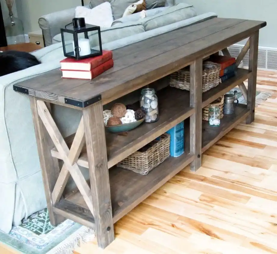 Rustic x console behind sofa