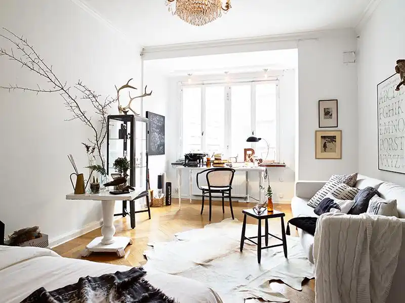 Scandinavian living room design cowhide rug
