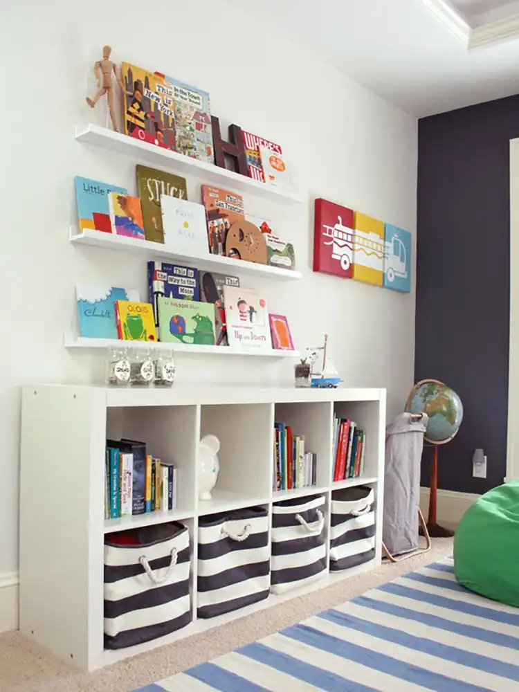 Shelves and bins for nursery organization