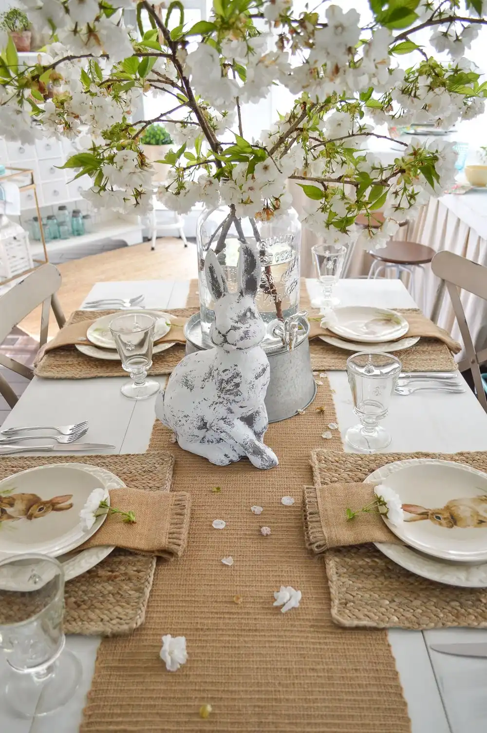 Simple Spring Cottage Farmhouse Easter Table - burlap