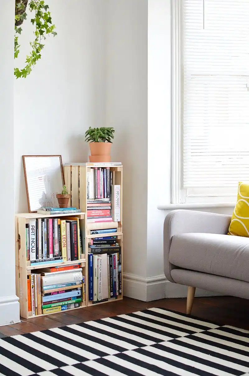 Simple wooden crates filled with books