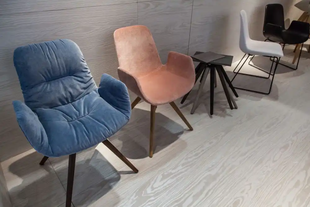 Sky blue and shade of pink upholstered dining chairs