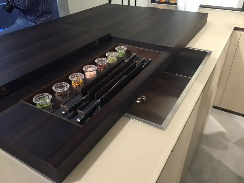 Sliding countertop with built in knife storage and spices