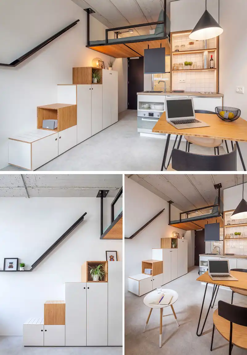 Small apartment decor with stairs to loft and under them storage