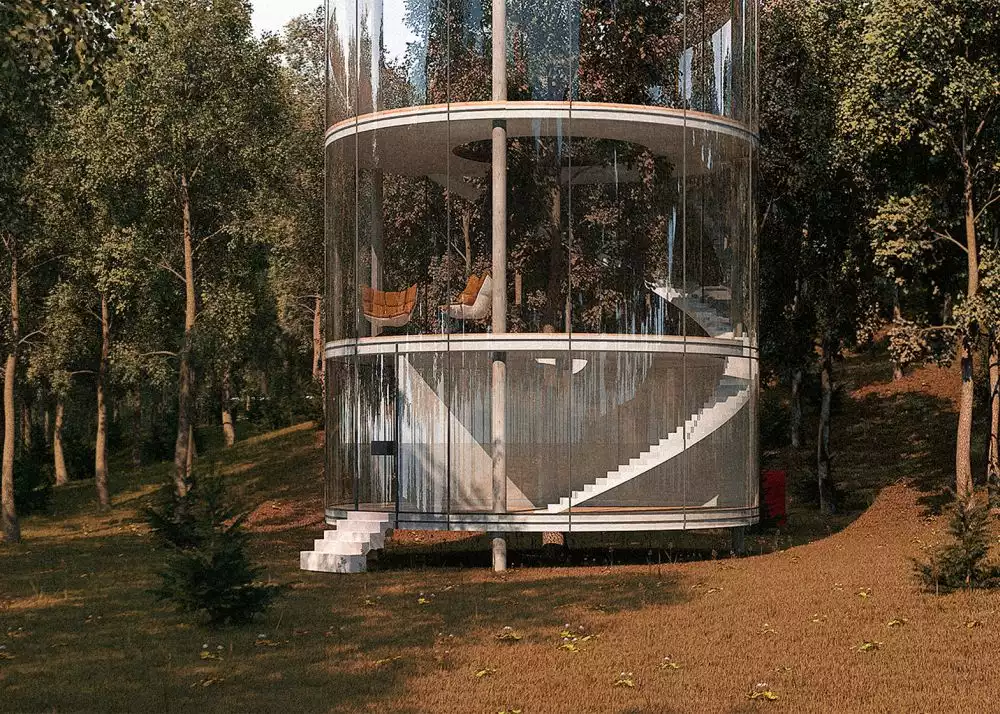 Small base tubular glass house by Kazakh architect Aibek Almassov