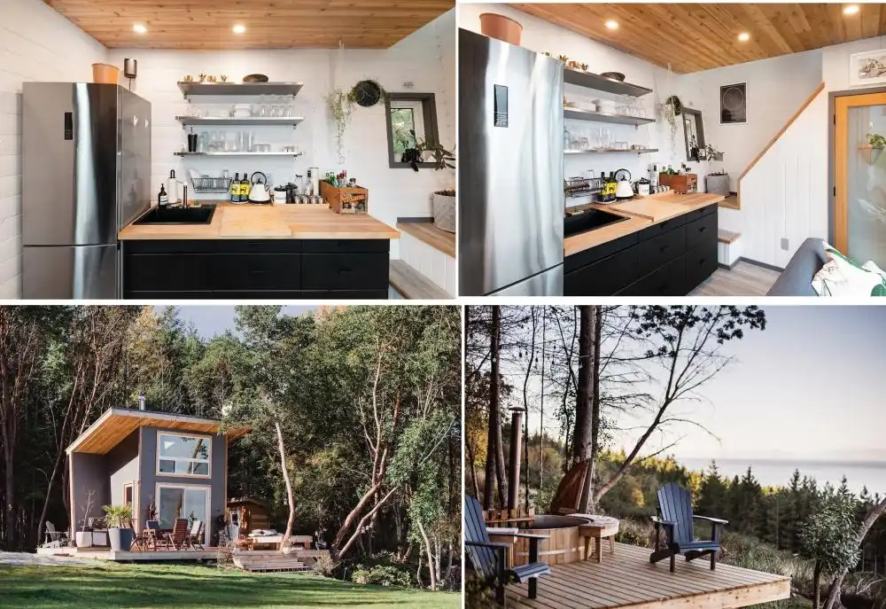 Black and white tiny kitchen layout.