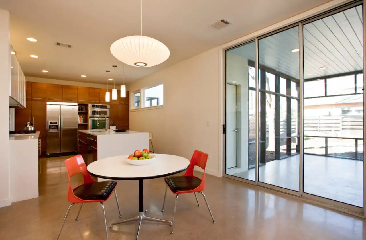 The polished surface of a durable terrazzo floor is a good choice for kitchens.