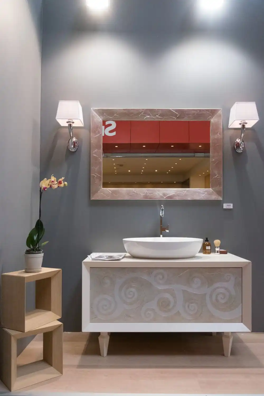 Small powder room with grey walls
