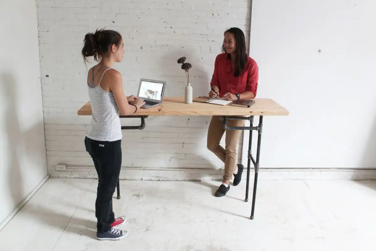 Standing pipes desk with wood top