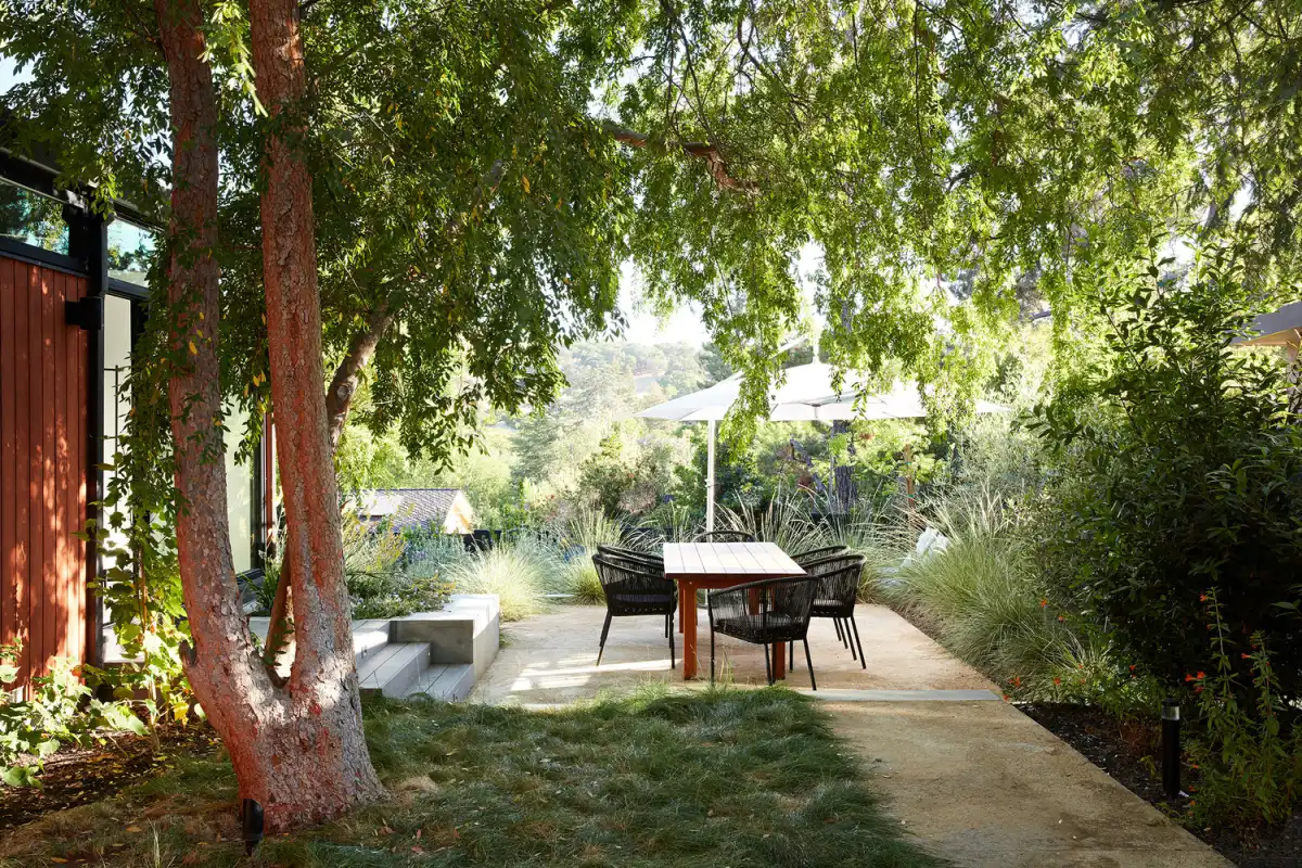 The backyard now features a tranquil al fresco dining area
