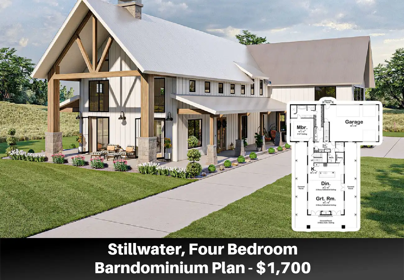 Stillwater, Four Bedroom Barndominium Plan - $1,700