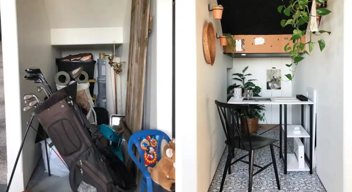 Storage nook and desk under the stairs
