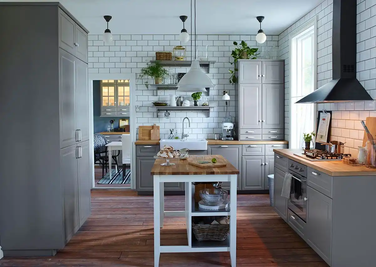 Stylish grey kitchen with subway tiles